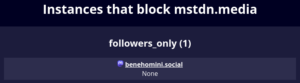 Instances that block mstdn.media: category followers_only (1): benehomini.social (no explanation given).