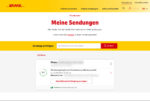 Screenshot DHL.de, "Meine Sendungen" mit "Zustellbenachrichtigung anzeigen"-Fläche.